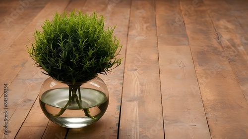 A green plant displayed in a simple glass vase set on a rustic wooden floor, showcasing a natural and elegant decor