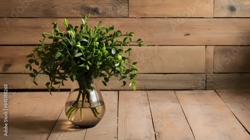 A green plant displayed in a simple glass vase set on a rustic wooden floor, showcasing a natural and elegant decor