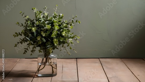 A green plant displayed in a simple glass vase set on a rustic wooden floor, showcasing a natural and elegant decor