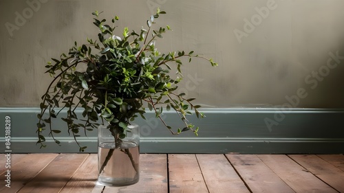 A green plant displayed in a simple glass vase set on a rustic wooden floor, showcasing a natural and elegant decor