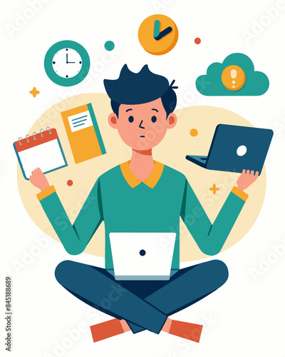 An individual working multiple parttime jobs ly sc by and struggling to find time for selfcare or hobbies.. Vector illustration