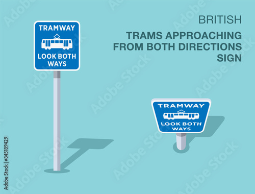Traffic regulation rules. Isolated British "trams approaching from both directions" road sign. Front and top view. Flat vector illustration template.