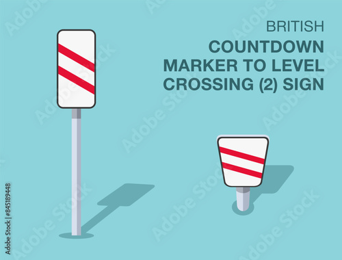 Traffic regulation rules. Isolated British "countdown marker to level crossing, two lines" road sign. Front and top view. Flat vector illustration template.
