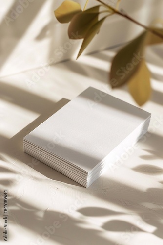 Fan stack of business cards mockup on a white textured paper background, minimalist design, high-angle view photo