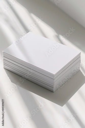 Fan stack of business cards mockup on a white textured paper background, minimalist design, high-angle view photo