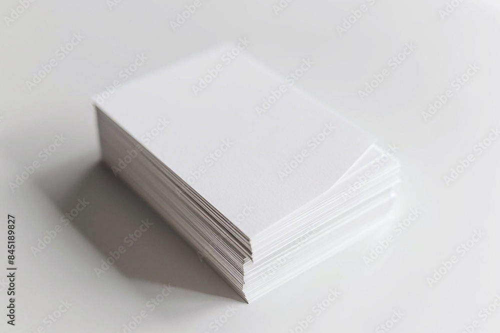 High-angle view of a fan stack of business cards on a white textured paper background, minimalistic design High-angle view of a fan stack of business cards on a white textured paper background, minimalistic design