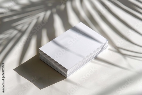 High-angle view of a fan stack of business cards on a white textured paper background, minimalistic design photo