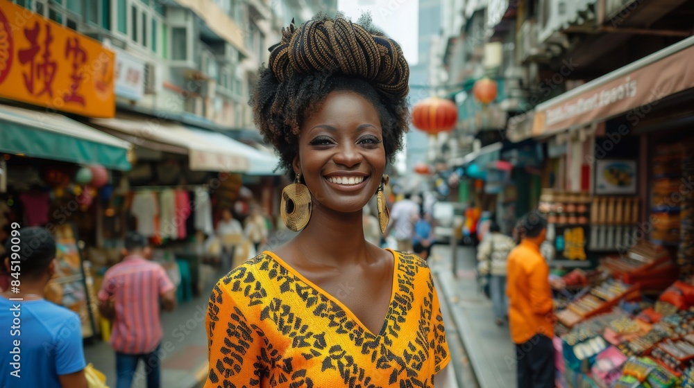 A beautiful African American travel advisor taking a familiarity trip in Hong Kong. She is smiling, wearing traditional clothing. Generative AI. A beautiful African American travel advisor taking a familiarity trip in Hong Kong. She is smiling, wearing traditional clothing. Generative AI.