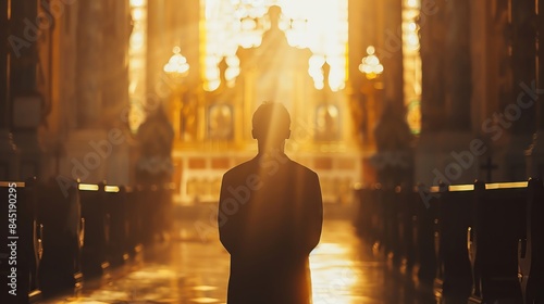 A solitary figure stands in the aisle of a church, bathed in golden light streaming from the altar.  The image evokes a sense of peace and spirituality.