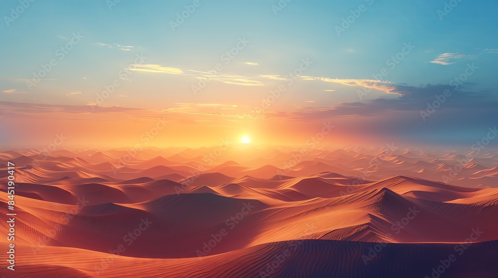 Fototapeta premium A vibrant sunrise casts warm light over rolling desert sand dunes.