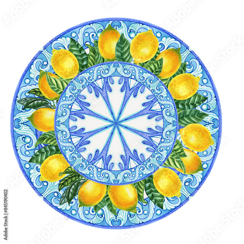 Watercolor lemons and sicilian majolica round wreath frame. Hand drawn card with Italian style ceramic tile element. Design for invitation and congratulations.