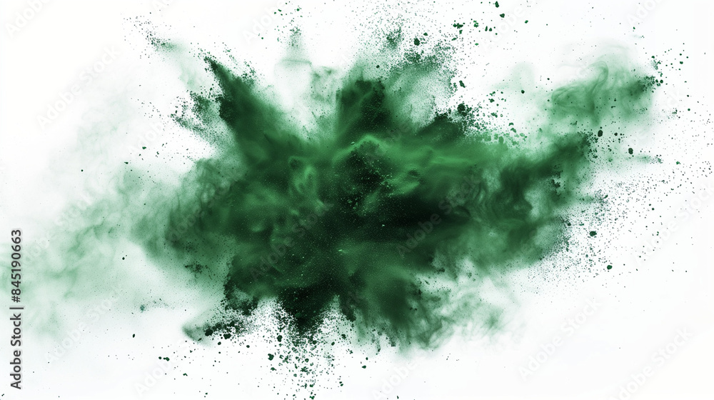 Green Powder Explosion. A dynamic and vibrant image showcasing a dramatic explosion of green powder against a white background Green Powder Explosion. A dynamic and vibrant image showcasing a dramatic explosion of green powder against a white background