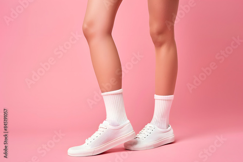 "Cropped Profile Side View of Feminine Legs in White Socks, Isolated over Pink Pastel Background"