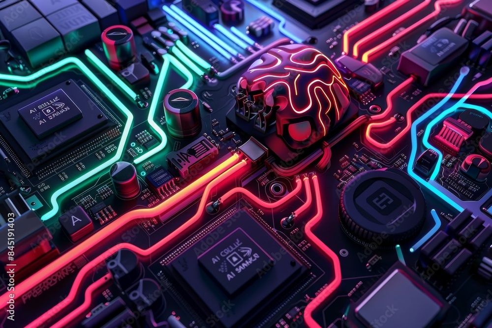 High tech motherboard with glowing circuits and vibrant colors, detailed AI illustration, cyber technology concept, futuristic design High tech motherboard with glowing circuits and vibrant colors, detailed AI illustration, cyber technology concept, futuristic design