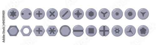 Set of metal screw heads. Stainless steel bolts. Silver nails and rivets. Top view. Vector illustration in flat style. Different hardware elements. Mechanic workshop icons.