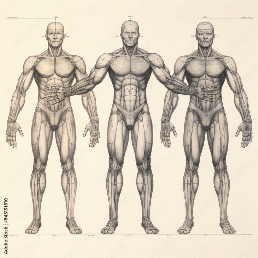 Human body pencil drawing showing symmetrical grid and height marks Human body pencil drawing showing symmetrical grid and height marks