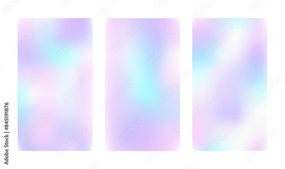 Naklejka premium Y2k Holographic Gradient Background. Set of trendy abstract neon templates. Iridescent aura posters. Modern pearlescent vector. Pastel minimalist backdrop for posts, brochures or banners.