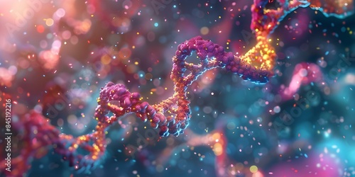 Colorful DNA molecule visualization on abstract genetic science background with chromosomes. Concept Genetic Science, DNA Molecule Visualization, Abstract Background, Chromosomes