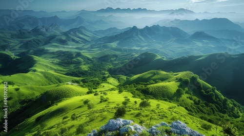 Gentle mountain peaks covered with green plants. Generative AI.