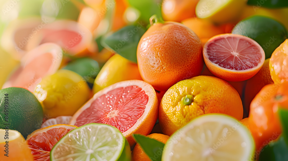 A pile of oranges and lemons with a few grapefruits