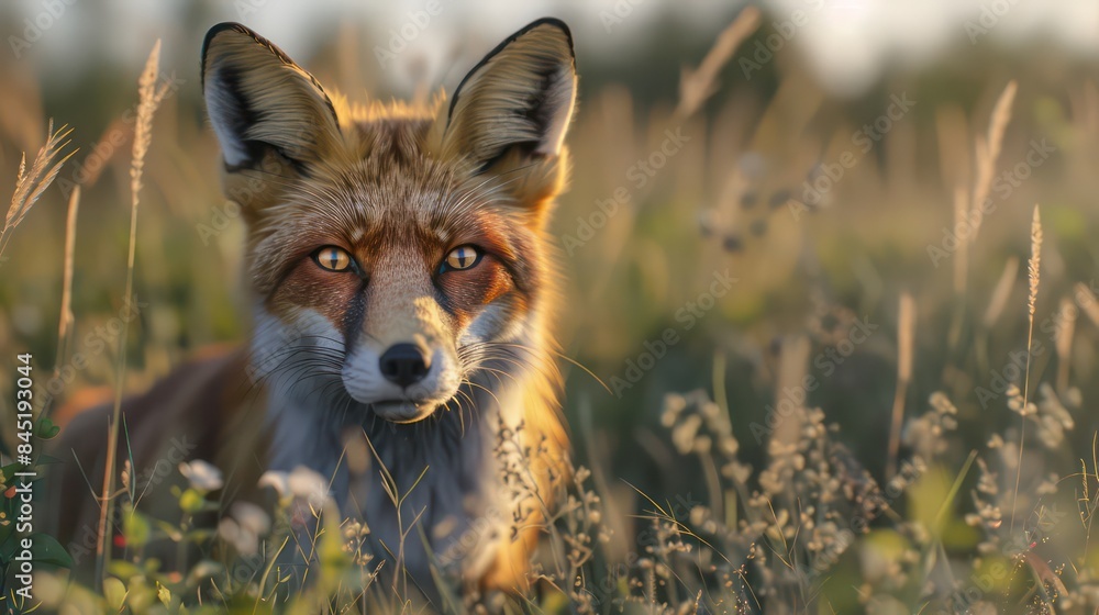 Fototapeta premium Close-Up of Red Fox in Meadow at Sunset