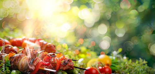 Delicious grilled vegetable skewers with colorful peppers and onions concept of Eid ul adha in background