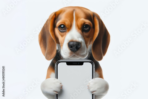 Funny beagle dog hold smartphone white screen Isolated on white background