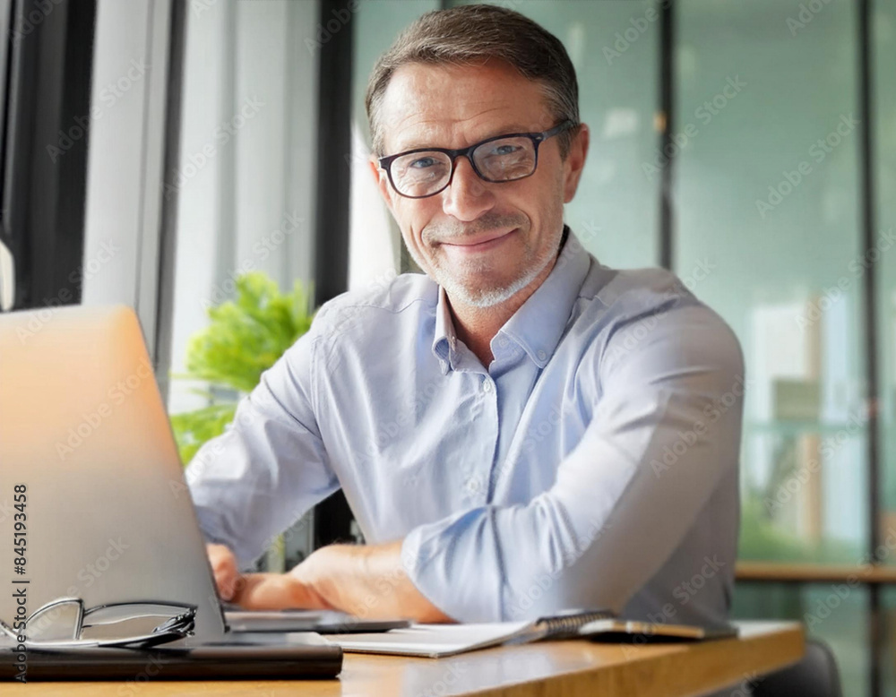 Business eyeglasse man manager working in office on laptop computer Business eyeglasse man manager working in office on laptop computer