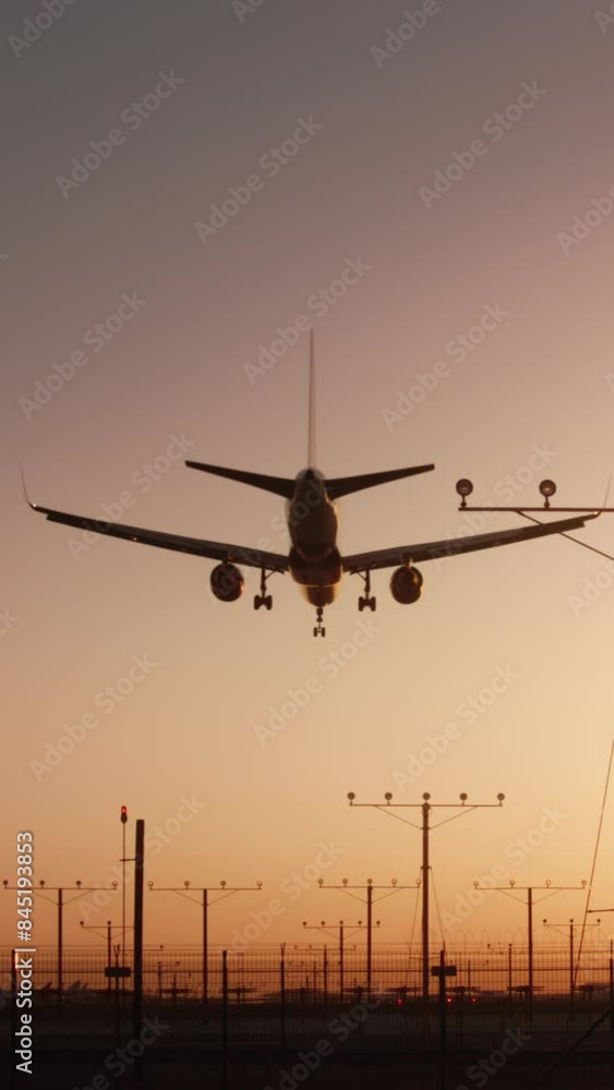 Vertical Screen: Captivating vertical video of an airplane landing at sunset, showing aviation magic against dusk backdrop. Aircraft approaches runway with silhouette against colorful sunset sky