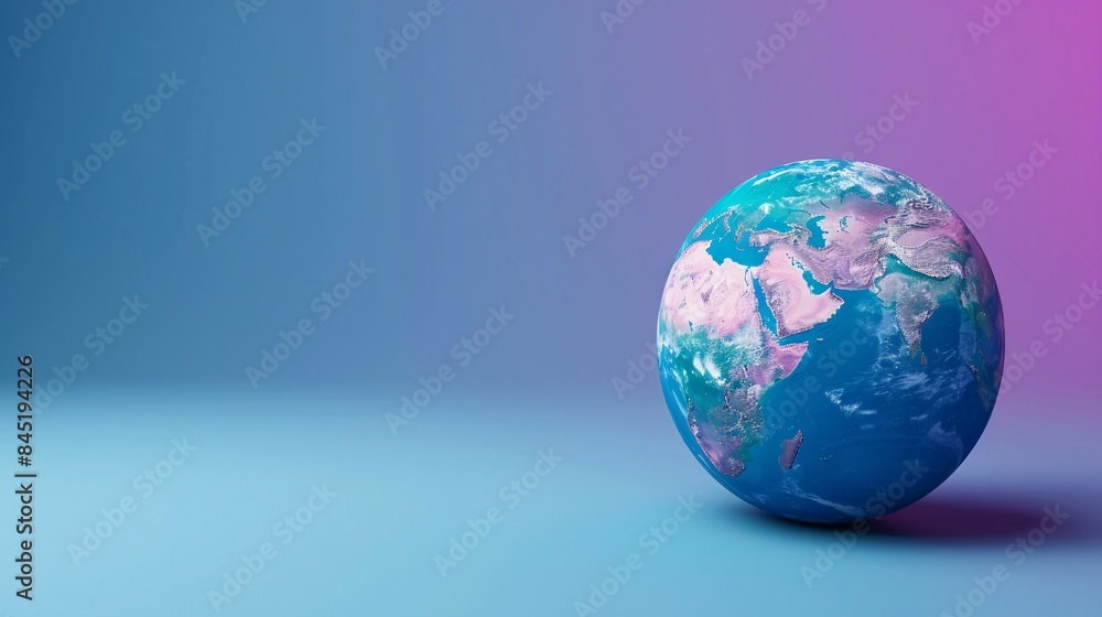 A colorful Earth globe on a gradient background, highlighting continents and oceans, symbolizing global connectivity and environmental awareness. 3D Illustration. A colorful Earth globe on a gradient background, highlighting continents and oceans, symbolizing global connectivity and environmental awareness. 3D Illustration.