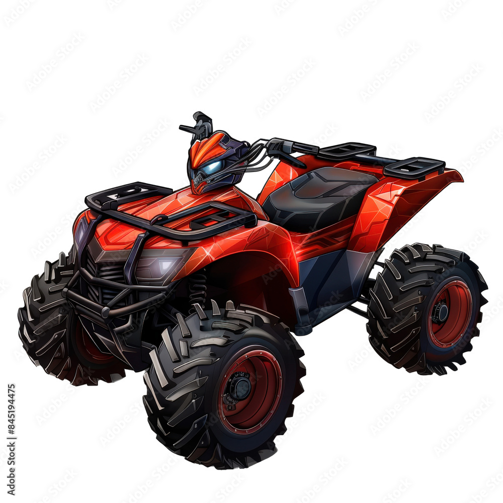 A red ATV with black tires and orange lights A red ATV with black tires and orange lights