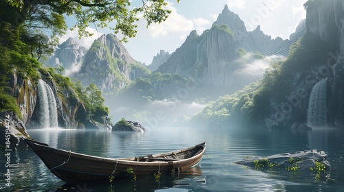 capturing the serene beauty of a majestic mountains towering middle of a tranquil lake in the boa photo