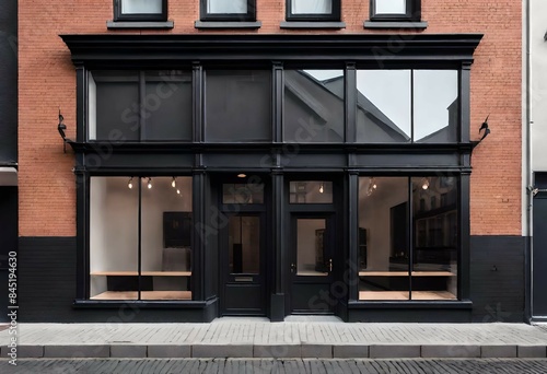 black painted storefront , brick wall  facade