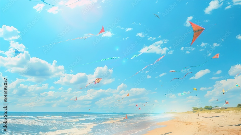 Fototapeta premium A dynamic summer beach with a group of children flying kites, their colorful kites soaring high in the clear blue sky.