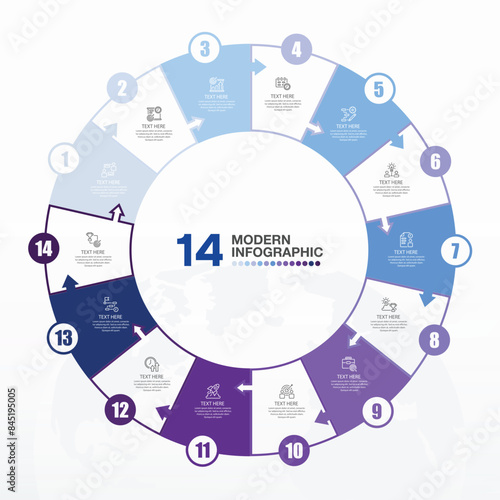 Blue tone circle infographic with 14 steps, process or options.