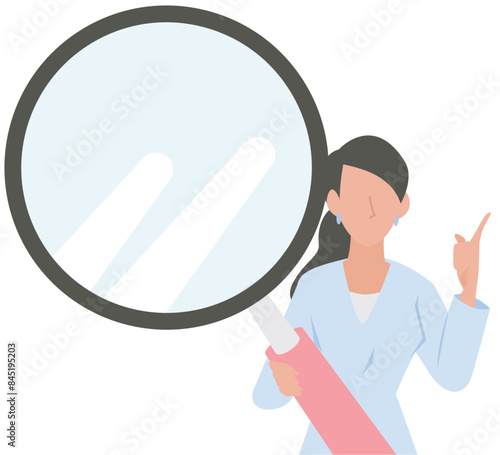 大きい虫眼鏡で覗く女性のビジネスパーソン