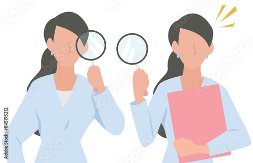 虫眼鏡で覗く女性のビジネスパーソン