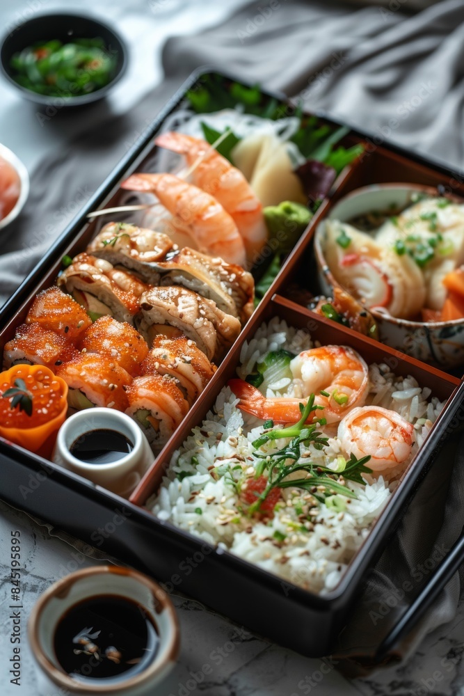 A stylish bento lunchbox filled with an assortment of exquisite seafood delicacies A stylish bento lunchbox filled with an assortment of exquisite seafood delicacies