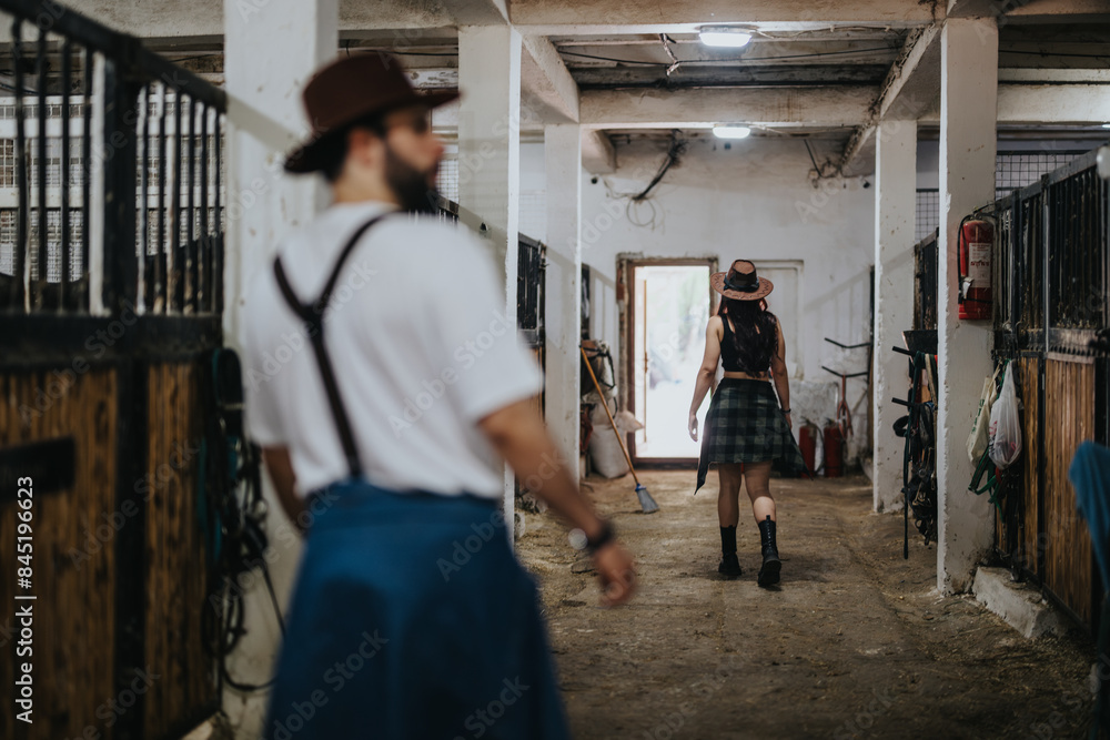 A couple in casual outfits and hats walking through horse stables, exploring the rural setting and experiencing farm life. A couple in casual outfits and hats walking through horse stables, exploring the rural setting and experiencing farm life.