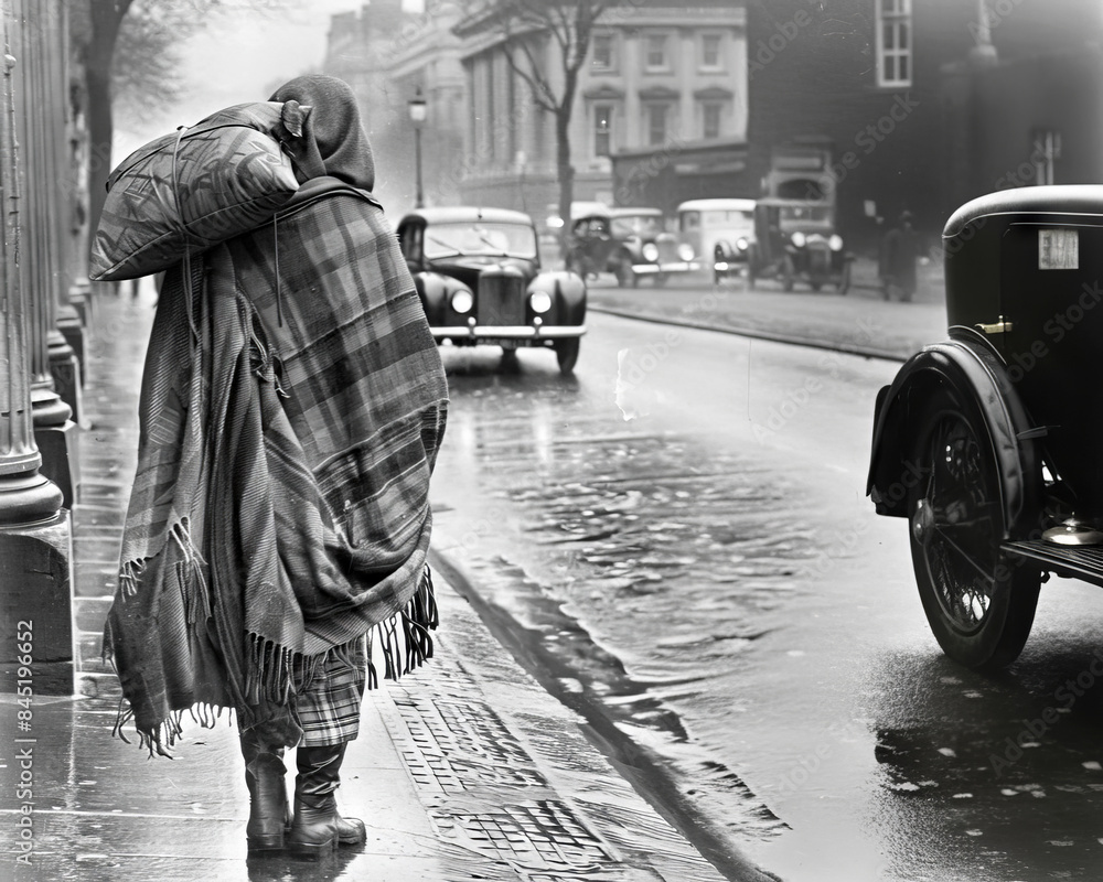 Obraz premium A person, wrapped in blankets, walks down a wet street, carrying belongings. Vintage cars and buildings line the background, highlighting a historical period marked by hardship and survival.