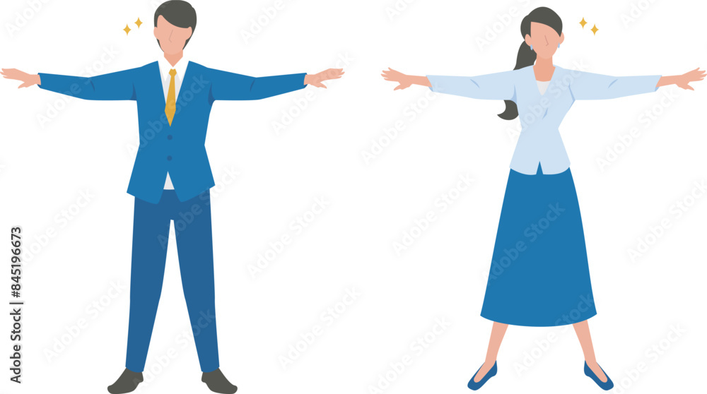 セーフのポーズを取る男性と女性のビジネスパーソン セーフのポーズを取る男性と女性のビジネスパーソン