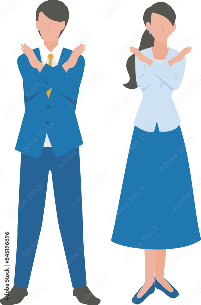 NGのポーズを取る男性と女性のビジネスパーソン NGのポーズを取る男性と女性のビジネスパーソン