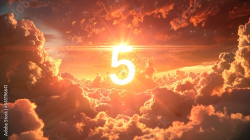 Number 5 in numerology. Ethereal number five on rays of mystical light background