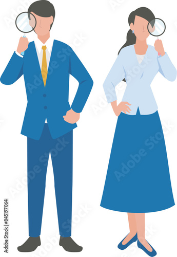 虫眼鏡を使って観察をする男性と女性のビジネスパーソン
