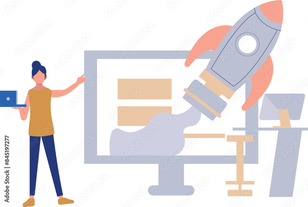 A girl is pointing to start a business on a laptop. A girl is pointing to start a business on a laptop.