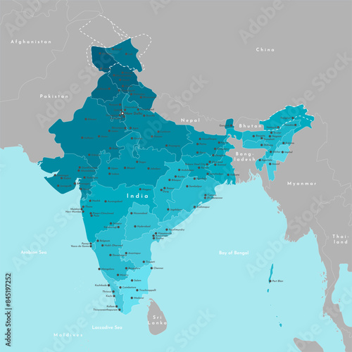Vector modern illustration. Simplified administrative map of India. Border with nearest countries China, Pakistan and etc. Blue background of seas. Names of cities and regions borders