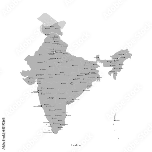 Vector modern isolated illustration. Simplified administrative map of India in grey color. White background. Names of large cities like New Delhi, Mumbai and regions borders