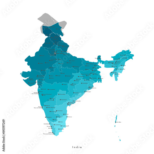 Vector modern isolated illustration. Simplified administrative blue map of India. White background. Names of big cities like New Delhi, Mumbai and regions borders