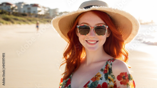 A beautiful redhead girl smiling on a beach, captured in a portrait. The evening sunlight casts a warm glow on her face, highlighting her vibrant red hair. She is wearing a flowery gown © Art