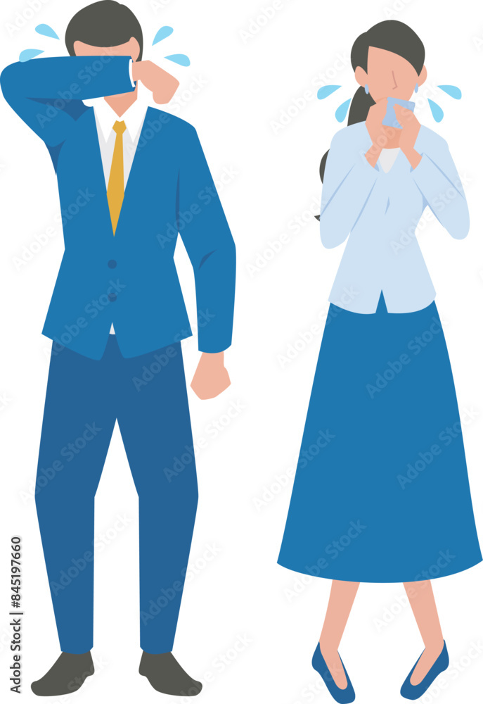 悲しいことがあって泣いている男性と女性のビジネスパーソン 悲しいことがあって泣いている男性と女性のビジネスパーソン
